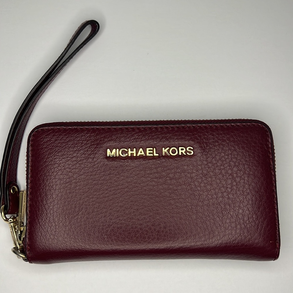Michael Kors Leather Zip Around Wristlet Wallet Maroon Burgundy